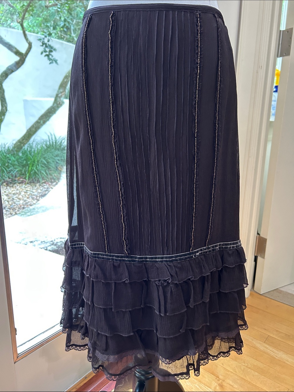 Zara Black Pleated Ruffle Midi Skirt with Tiered Hem